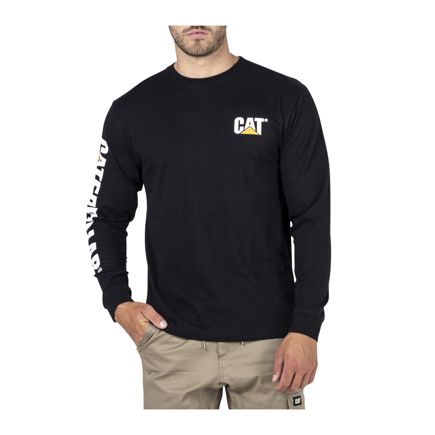 Caterpillar Trademark Banner L/S - Mens T-Shirts - Black - NZ (925AQLHDU)